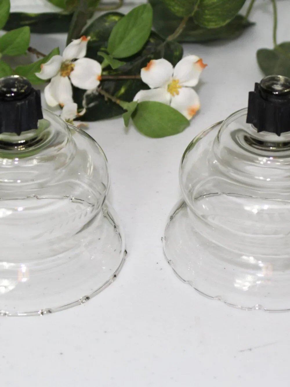 HOMCO HOME INTERIORS Pair of Clear Glass Squatty Crimped Peg Candleholders